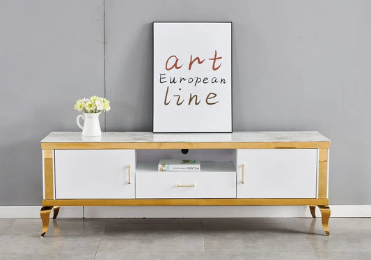 Meuble banc tv doré marbre beige BAROQUE Galerie du Mobilier