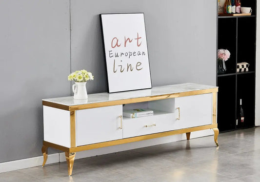 Meuble banc tv doré marbre beige BAROQUE Galerie du Mobilier