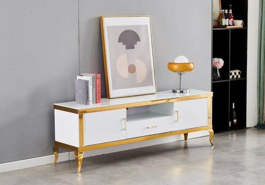 Meuble banc tv doré marbre blanc BAROQUE Galerie du Mobilier