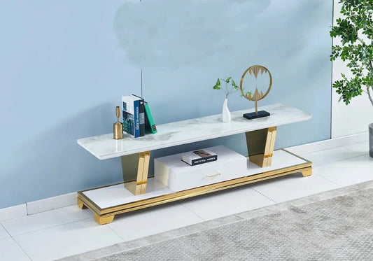 Meuble banc tv doré marbre blanc VERSUS Galerie du Mobilier