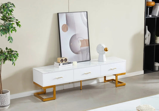 Meuble banc tv doré marbre blanc LILA Galerie du Mobilier