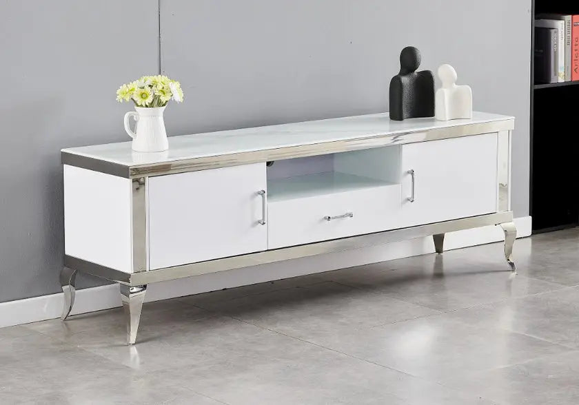 Meuble banc tv marbre blanc BAROQUE Galerie du Mobilier