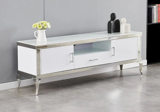 Meuble banc tv marbre blanc BAROQUE Galerie du Mobilier