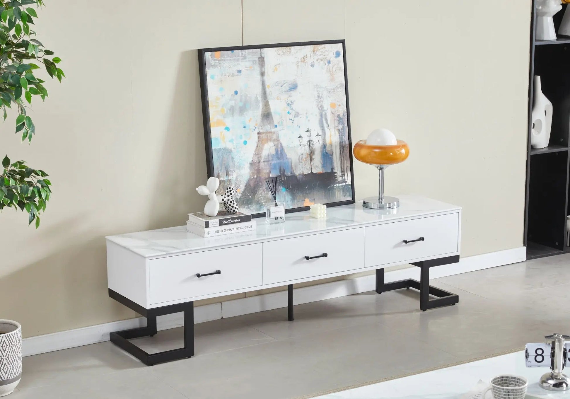 Meuble banc tv noire marbre blanc LILA Galerie du Mobilier