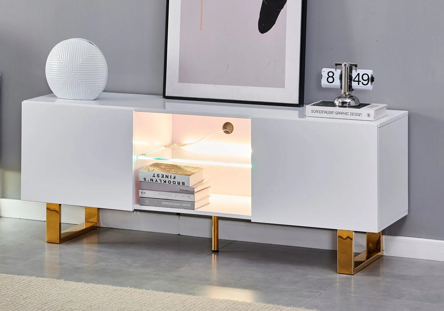 Meuble tv design doré laqué blanc ALYA Galerie du Mobilier