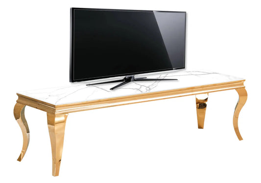 Meuble tv doré marbre blanc BAROQUE Galerie du Mobilier