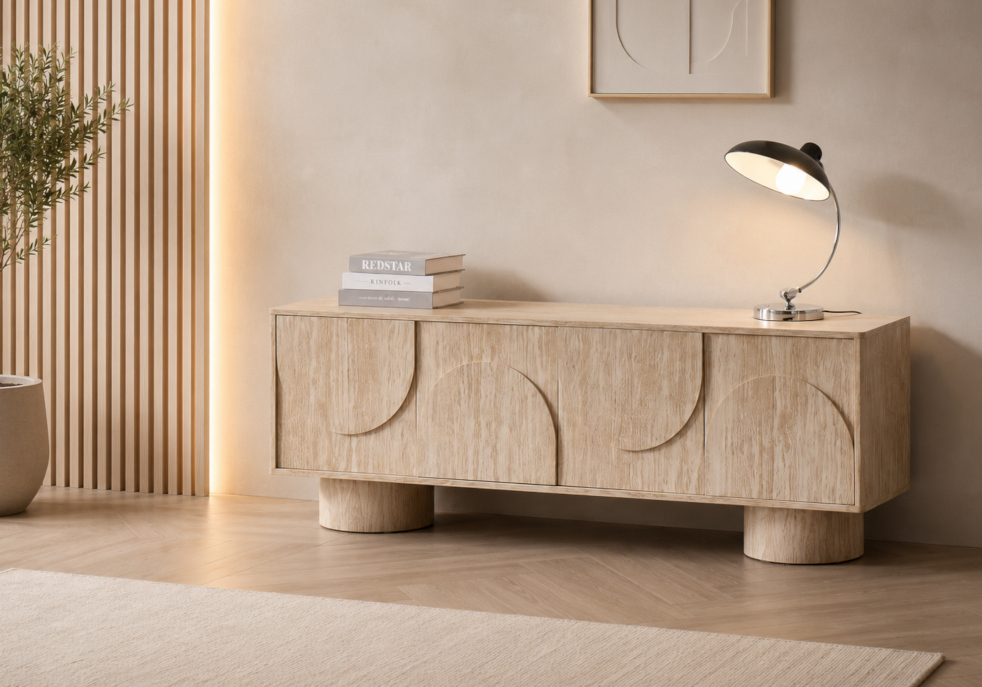 Meuble TV 4 portes en relief effet travertin – Galerie du Mobilier - Vue 1