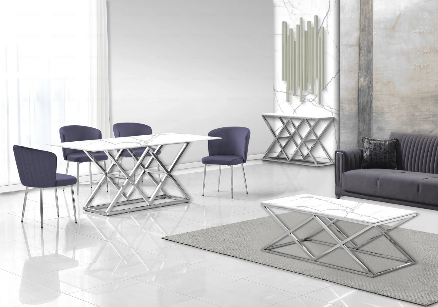Salle à manger complète marbre blanc argent – – Galerie du Mobilier
