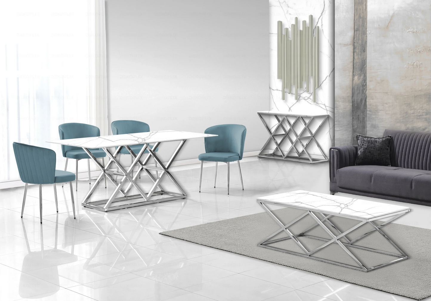 Salle à manger complète marbre blanc argent – – Galerie du Mobilier