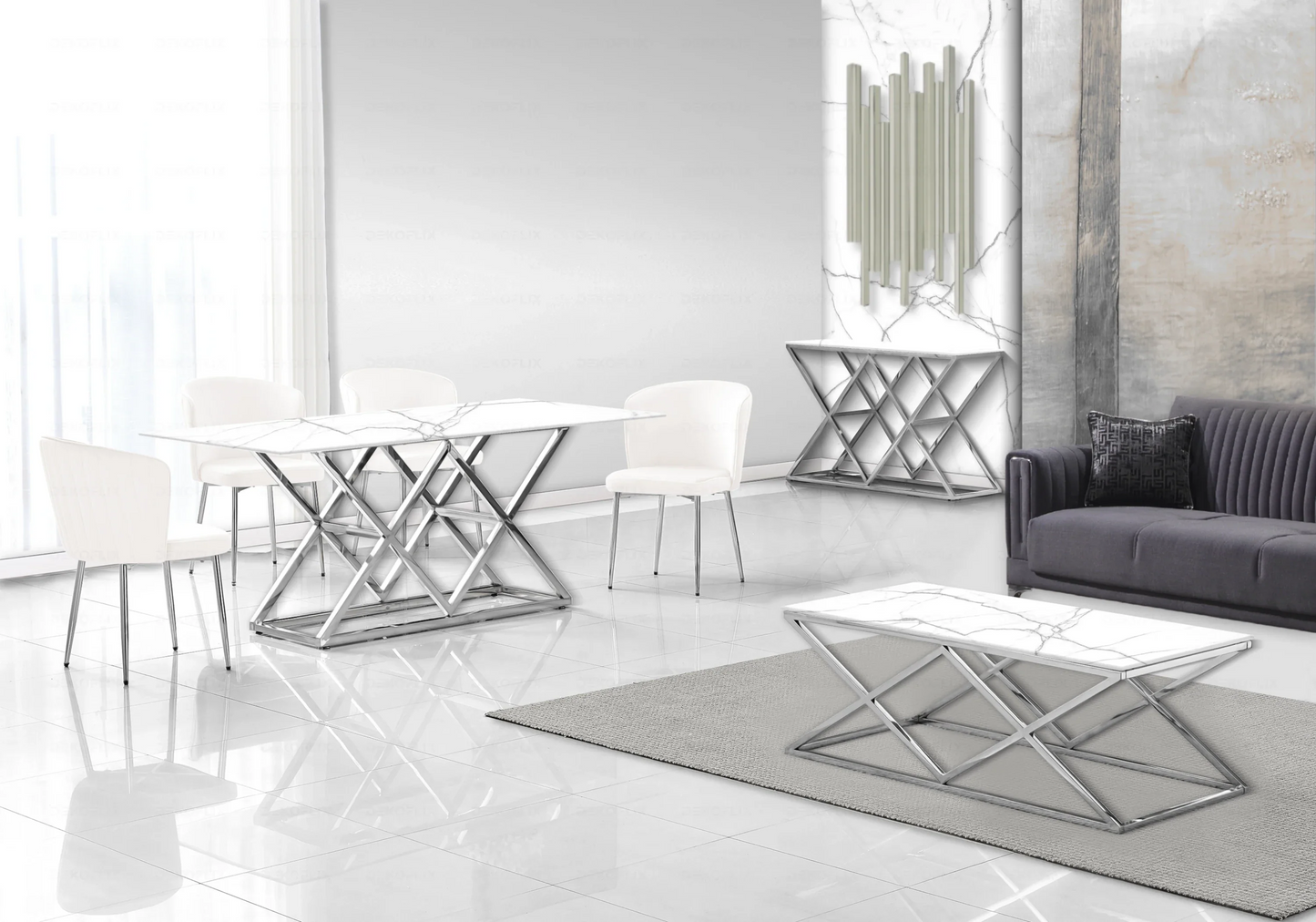 Salle à manger complète marbre blanc argent – – Galerie du Mobilier