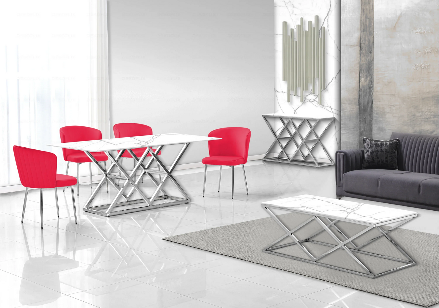 Salle à manger complète marbre blanc argent – – Galerie du Mobilier