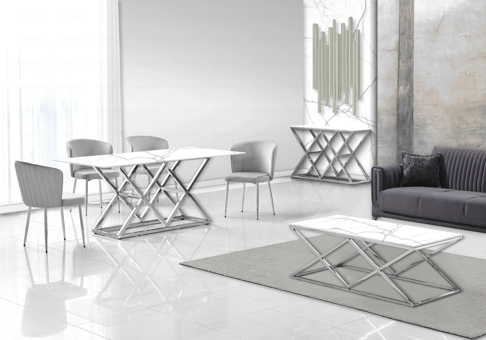 Salle à manger complète marbre blanc argent – – Galerie du Mobilier - Vue 1