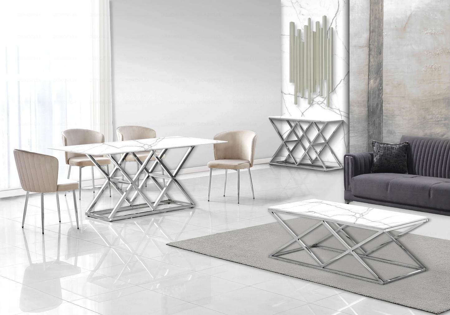 Salle à manger complète marbre blanc argent – – Galerie du Mobilier
