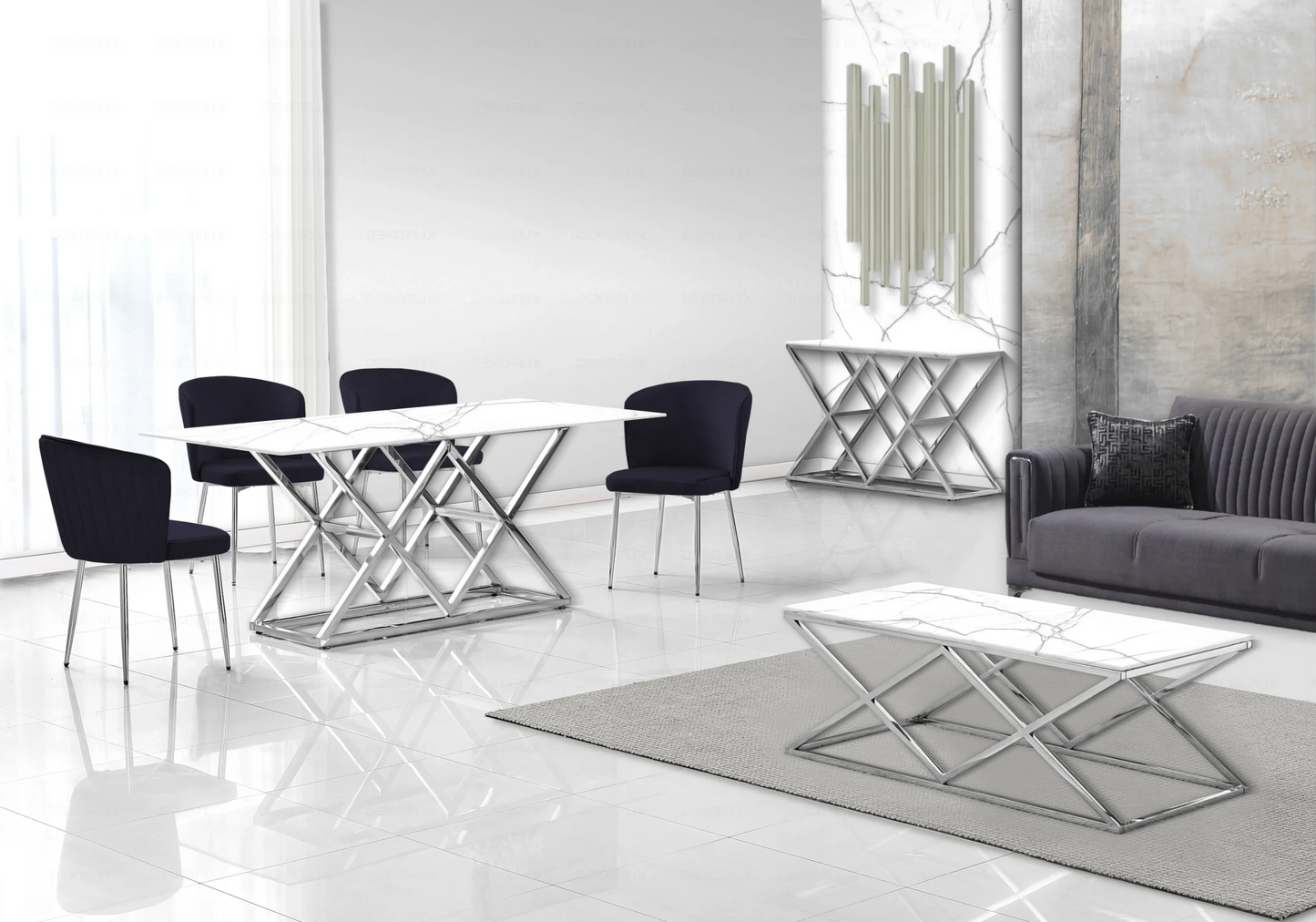 Salle à manger complète marbre blanc argent – – Galerie du Mobilier