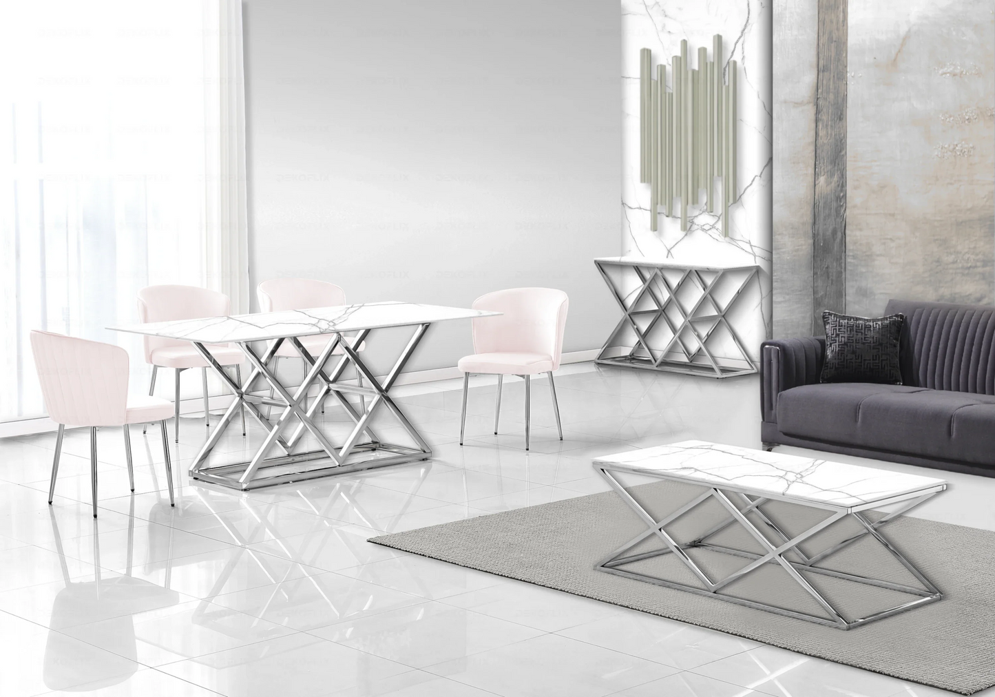 Salle à manger complète marbre blanc argent – – Galerie du Mobilier