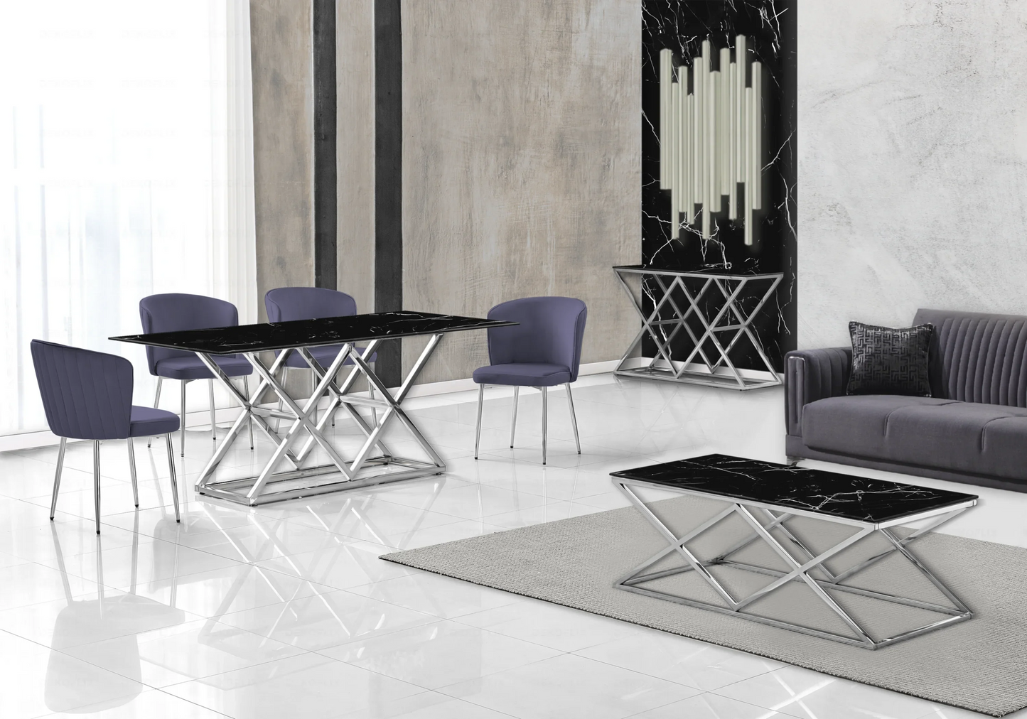 Salle à manger complète marbre noir argent – – Galerie du Mobilier