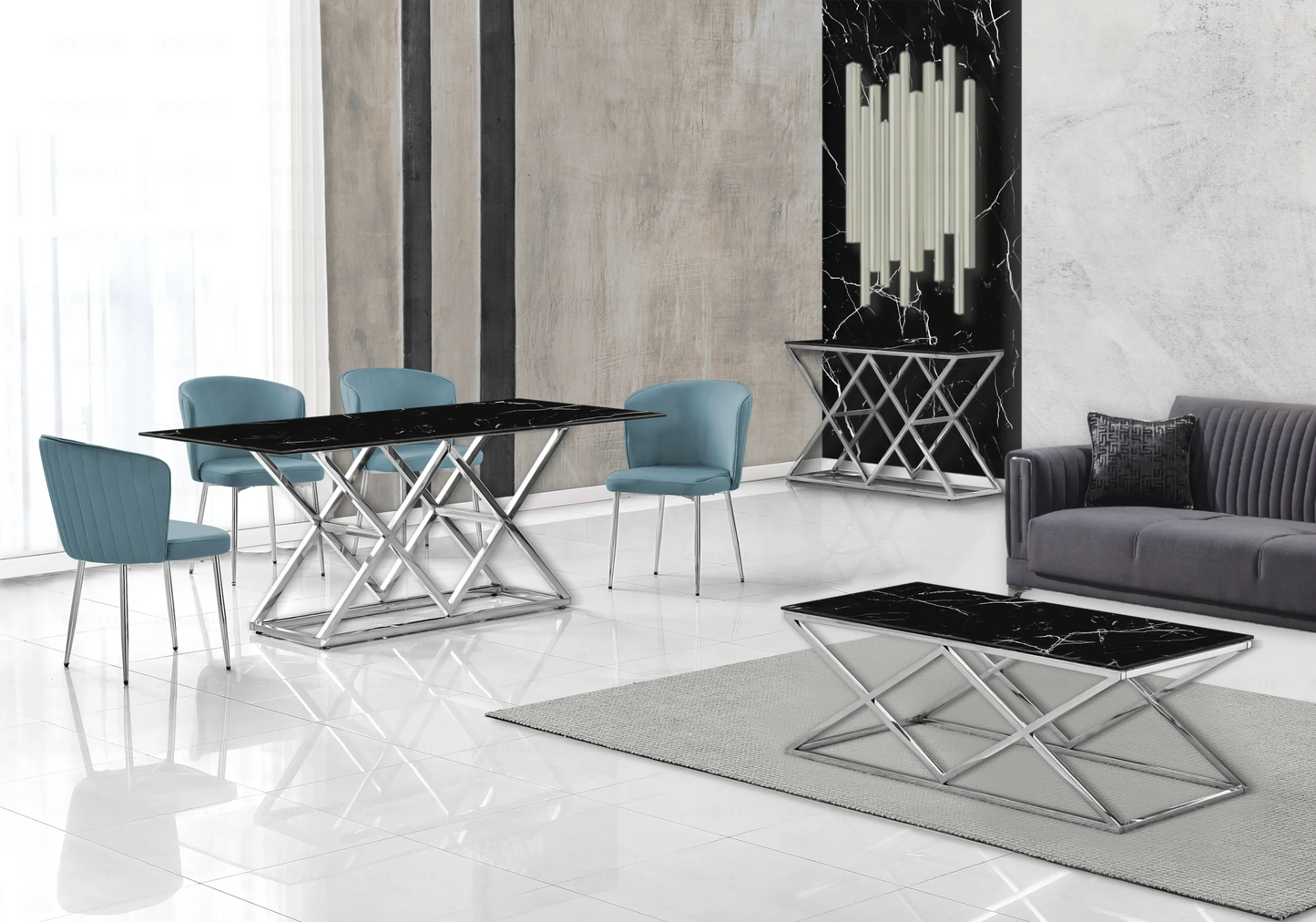 Salle à manger complète marbre noir argent – – Galerie du Mobilier