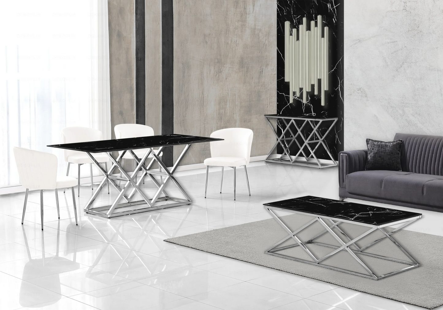 Salle à manger complète marbre noir argent – – Galerie du Mobilier