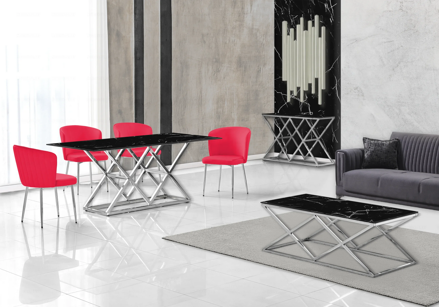 Salle à manger complète marbre noir argent – – Galerie du Mobilier