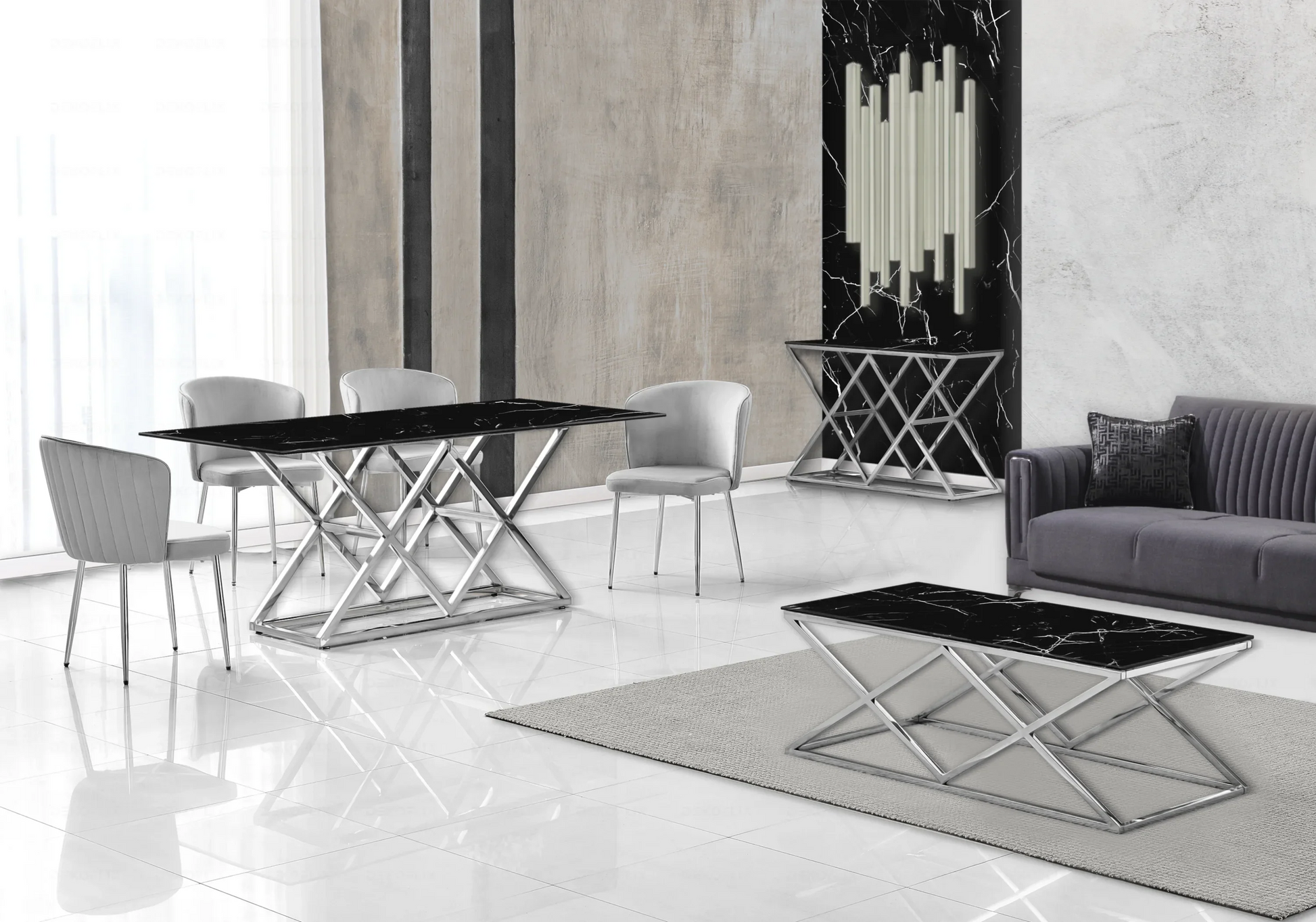 Salle à manger complète marbre noir argent – – Galerie du Mobilier - Vue 1