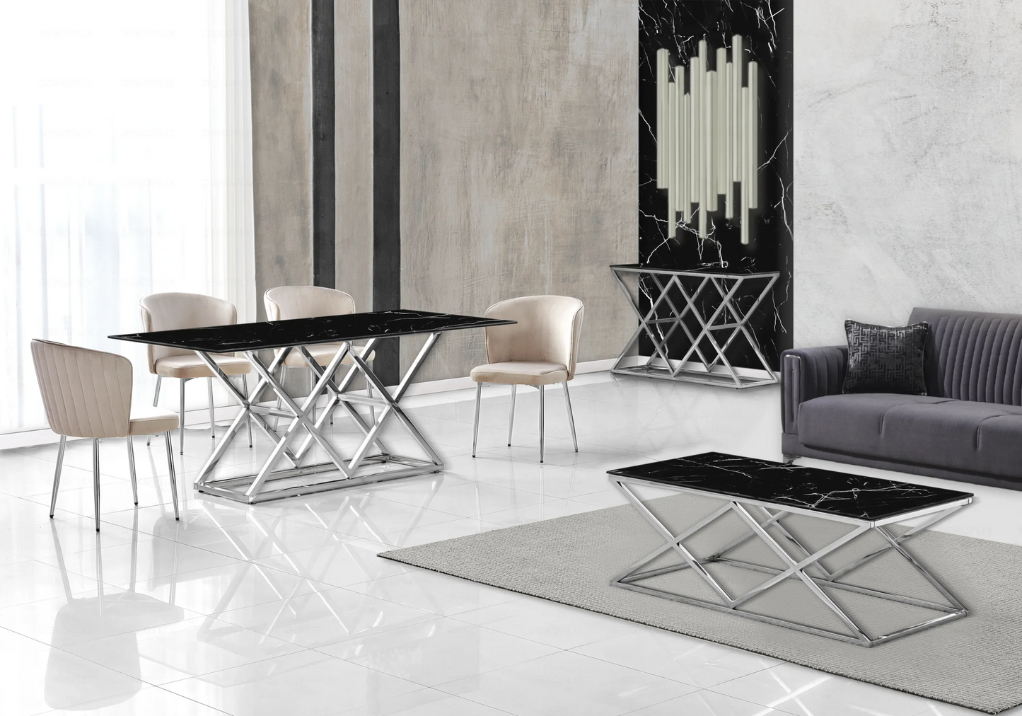 Salle à manger complète marbre noir argent – – Galerie du Mobilier