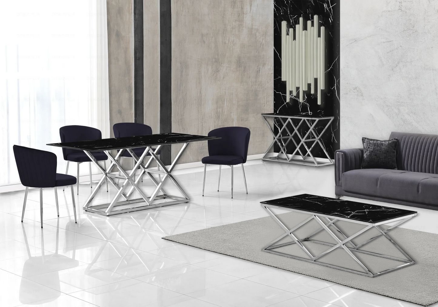 Salle à manger complète marbre noir argent – – Galerie du Mobilier