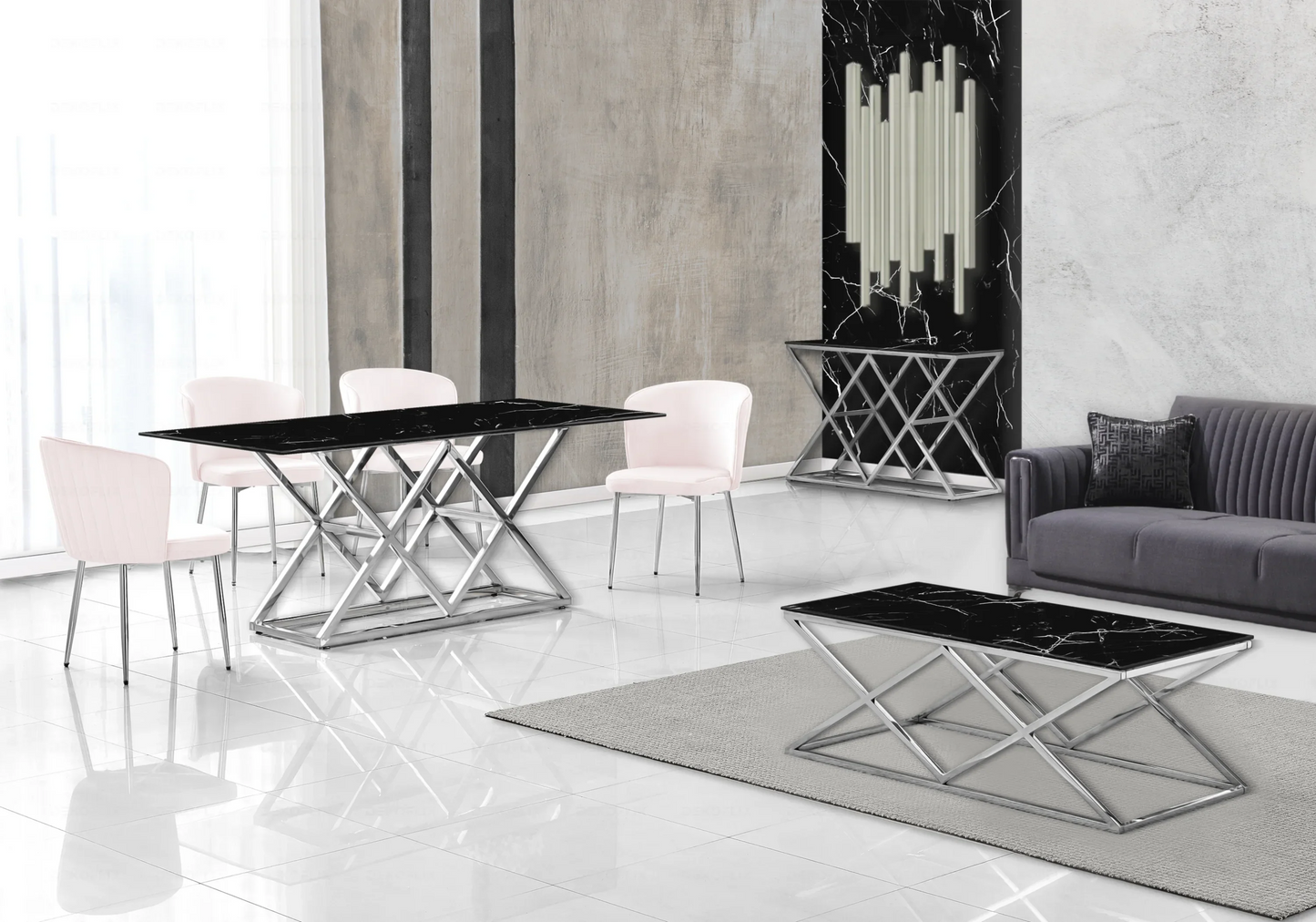 Salle à manger complète marbre noir argent – – Galerie du Mobilier