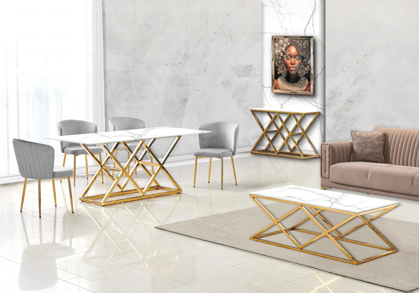 Table marbre blanc doré et chaises velours – – Galerie du Mobilier