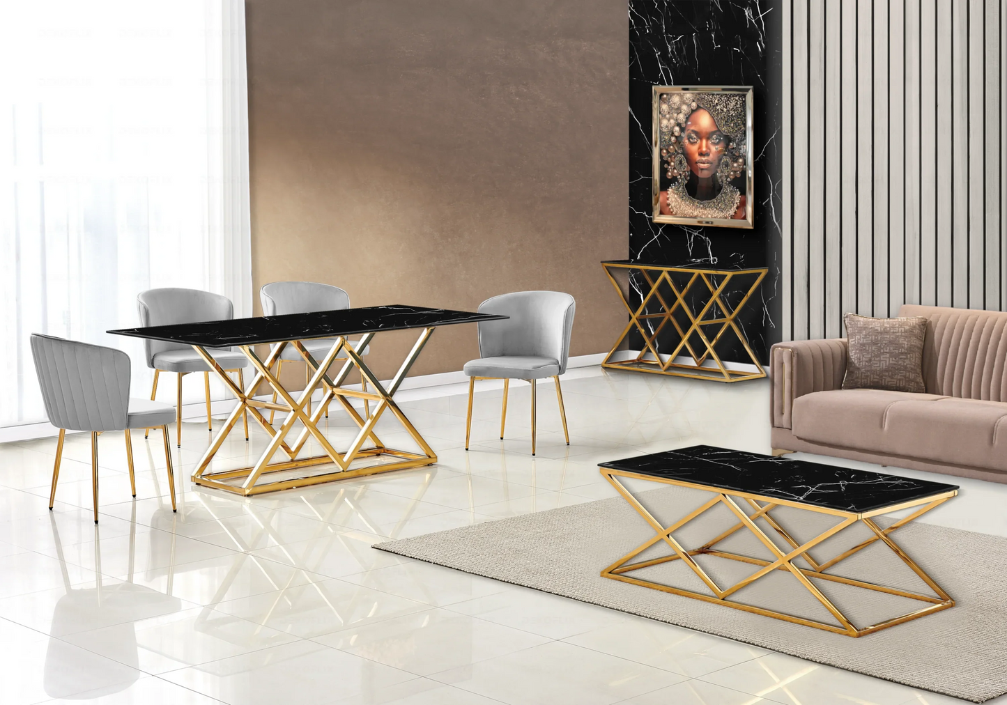 Table marbre noir doré et chaises velours – Erly – Galerie du Mobilier
