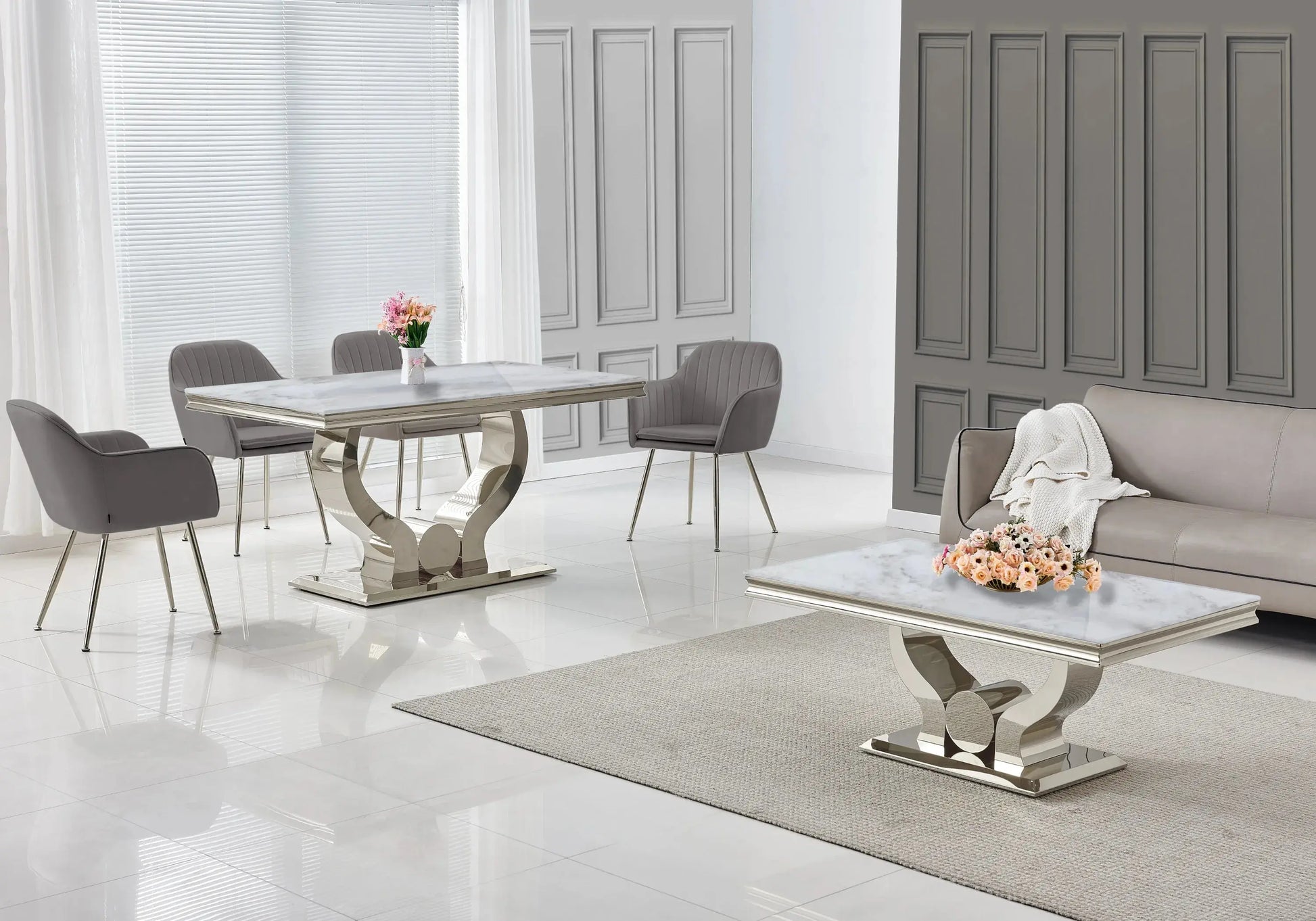 Salle à manger marbre beige argent avec chaises anthracite TROPHEE Galerie du Mobilier