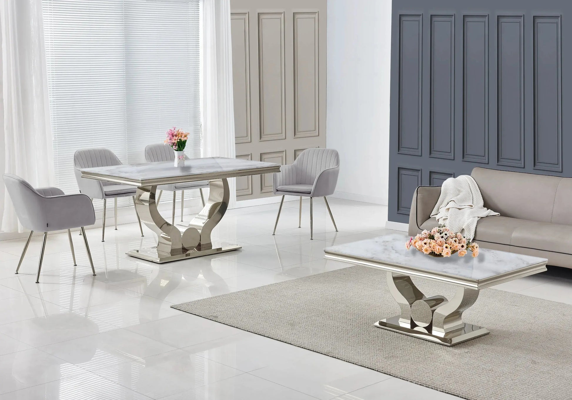 Salle à manger marbre beige argent avec chaises gris TROPHEE Galerie du Mobilier