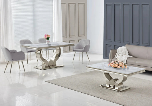Salle à manger marbre beige argent avec chaises gris TROPHEE Galerie du Mobilier