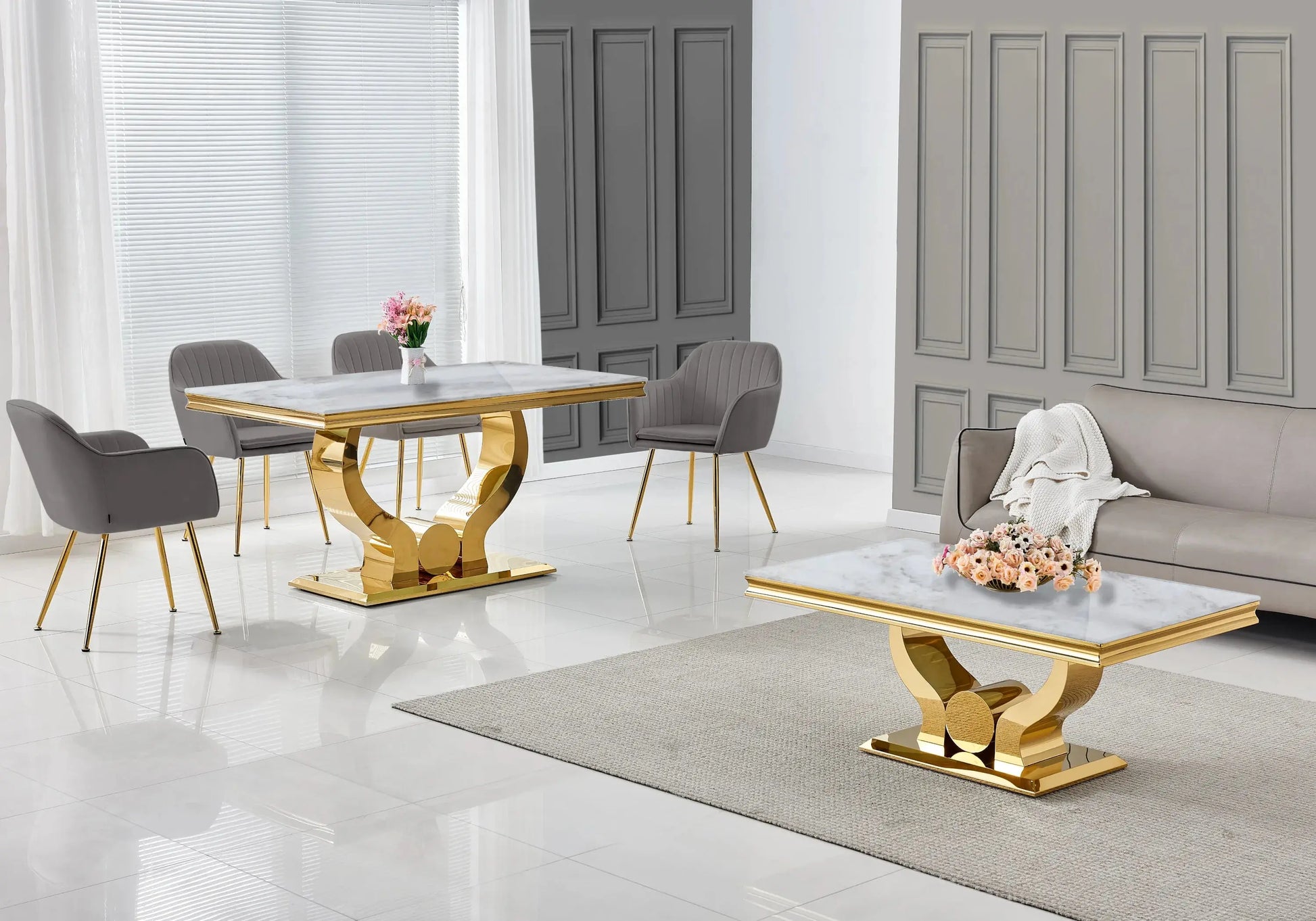 Salle à manger marbre beige doré avec chaises anthracite TROPHEE Galerie du Mobilier
