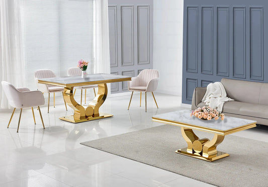 Salle à manger marbre beige doré avec chaises beige TROPHEE Galerie du Mobilier