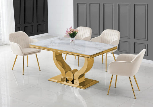 Salle à manger marbre beige doré avec chaises beige TROPHEE Galerie du Mobilier