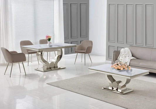 Salle à manger marbre blanc argent avec chaises taupe TROPHEE Galerie du Mobilier