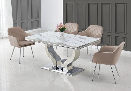 Salle à manger marbre blanc argent avec chaises taupe TROPHEE Galerie du Mobilier