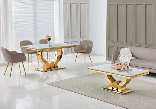 Salle à manger marbre blanc doré avec chaises taupe TROPHEE Galerie du Mobilier
