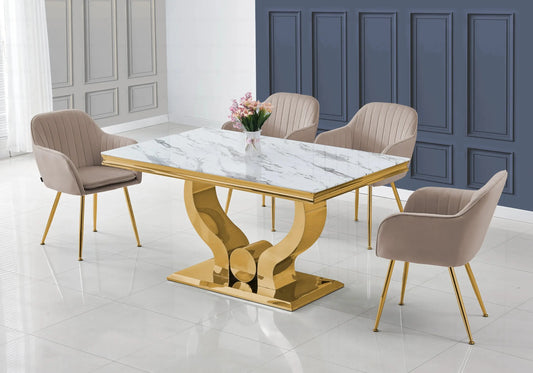 Salle à manger marbre blanc doré avec chaises taupe TROPHEE Galerie du Mobilier