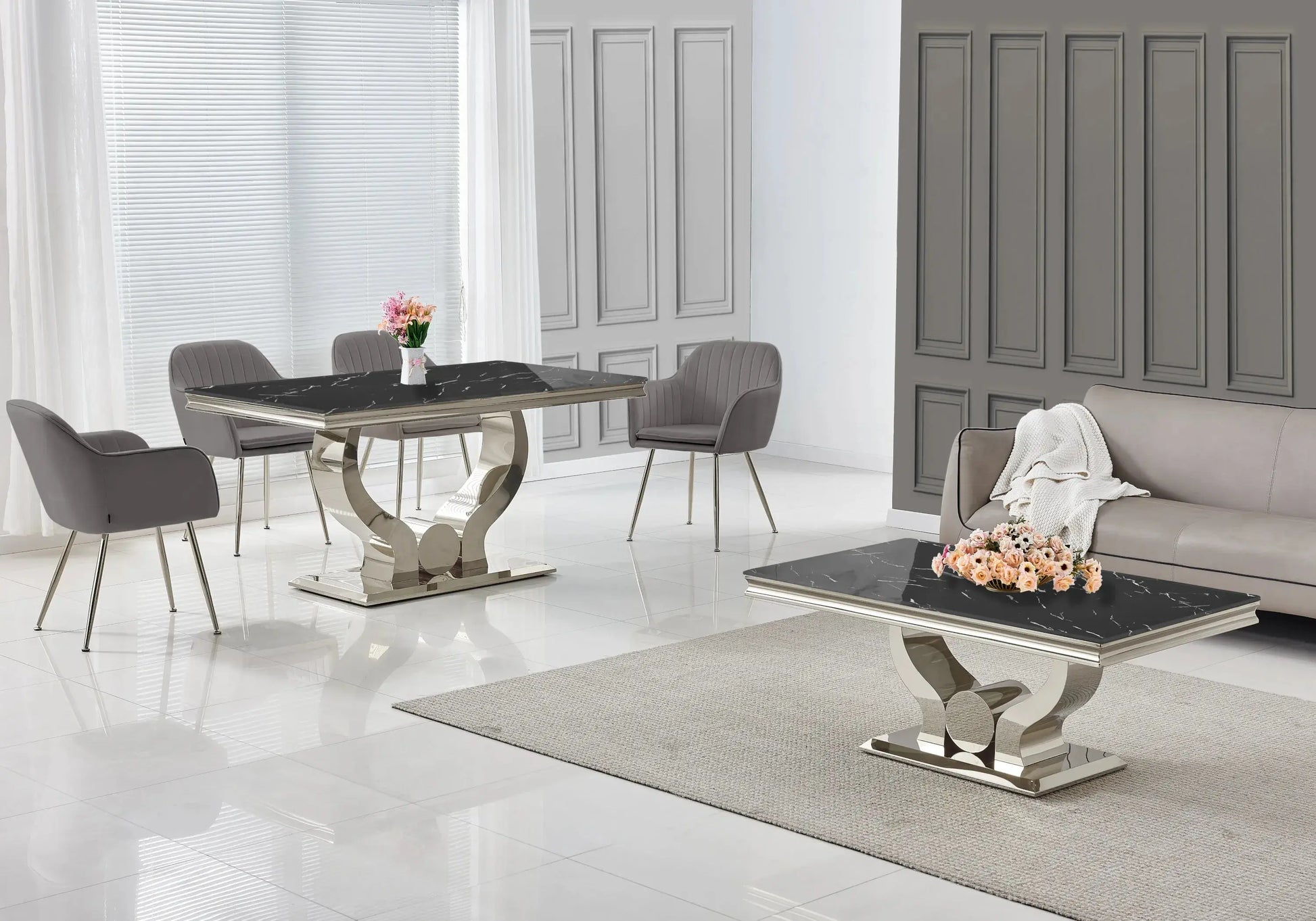 Salle à manger marbre noir argent avec chaises anthracite TROPHEE Galerie du Mobilier