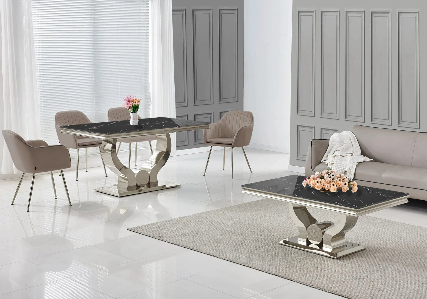 Salle à manger marbre noir argent avec chaises taupe TROPHEE Galerie du Mobilier
