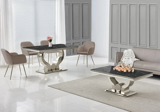 Salle à manger marbre noir argent avec chaises taupe TROPHEE Galerie du Mobilier