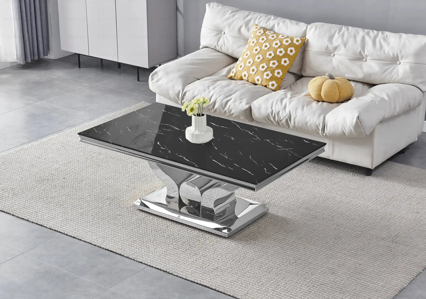 Salle à manger marbre noir argent avec chaises taupe TROPHEE Galerie du Mobilier