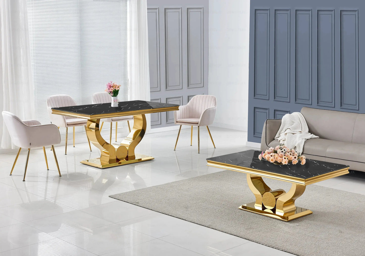 Salle à manger marbre noir doré avec chaises beige TROPHEE Galerie du Mobilier