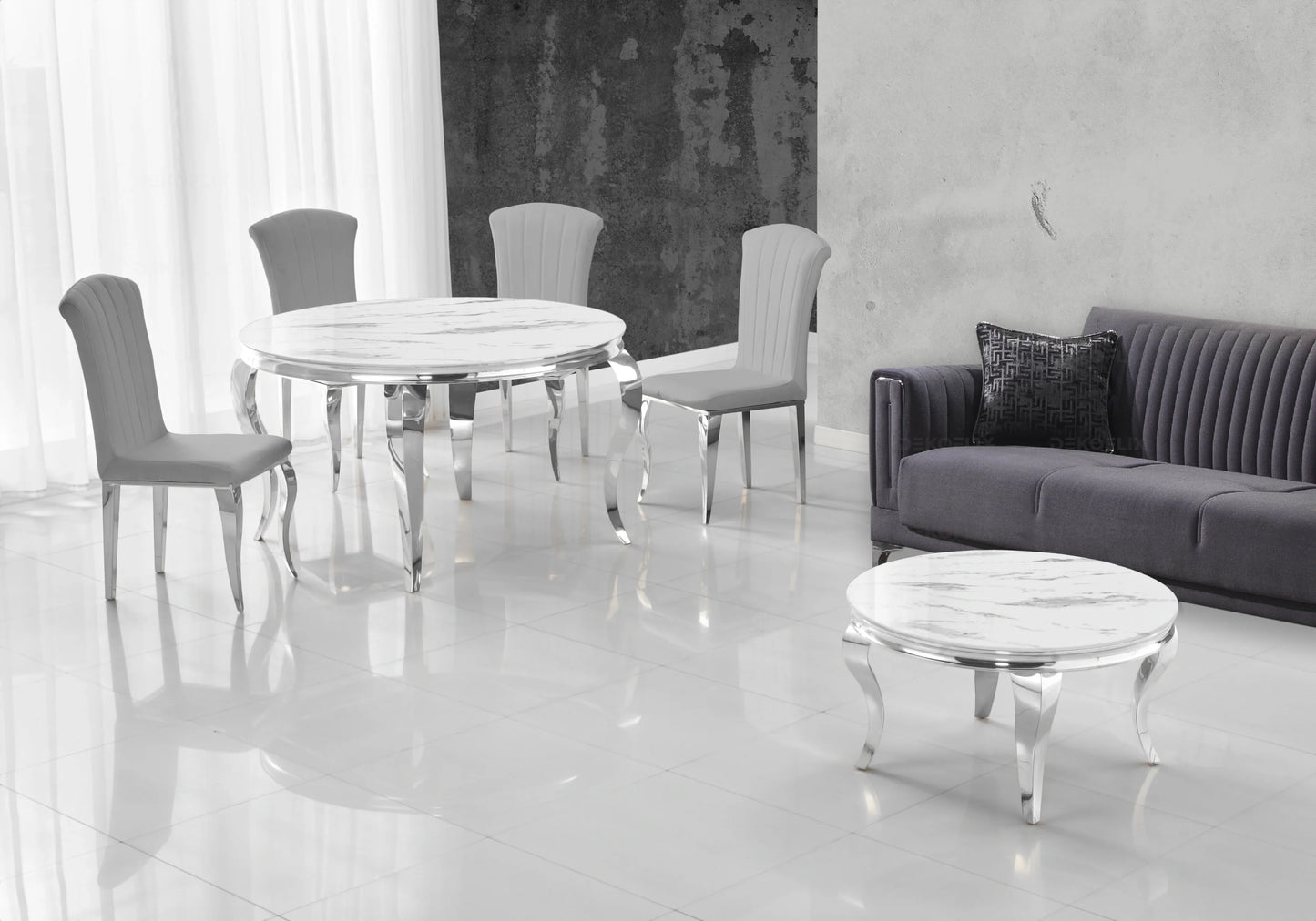 Salle à manger ronde marbre blanc argent – Galerie du Mobilier