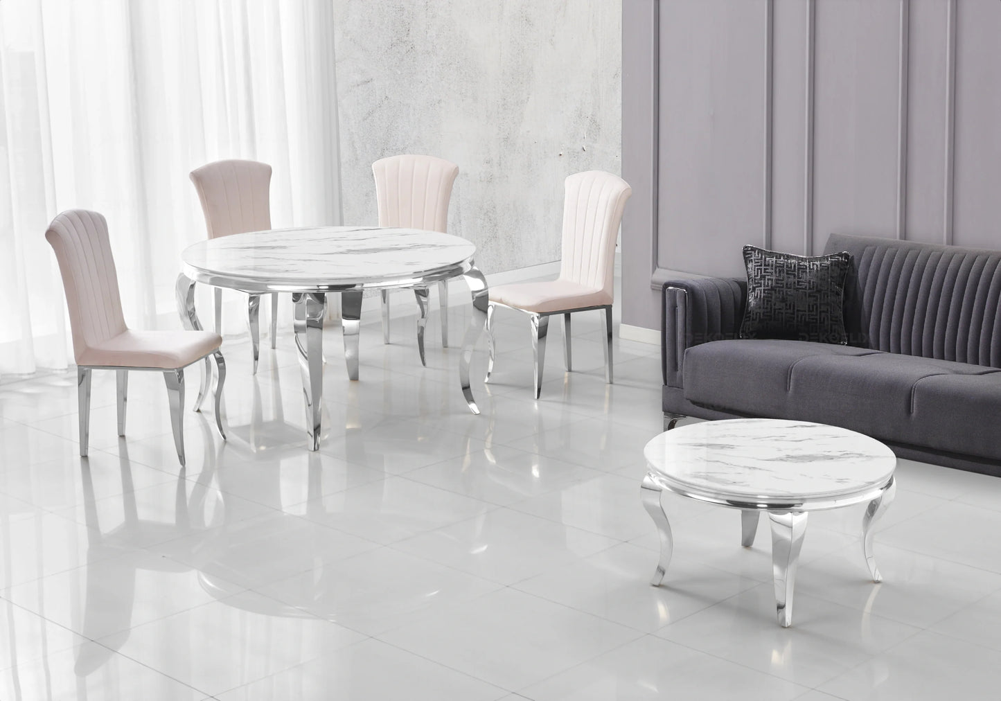 Salle à manger ronde marbre blanc argent – Galerie du Mobilier - Vue 1