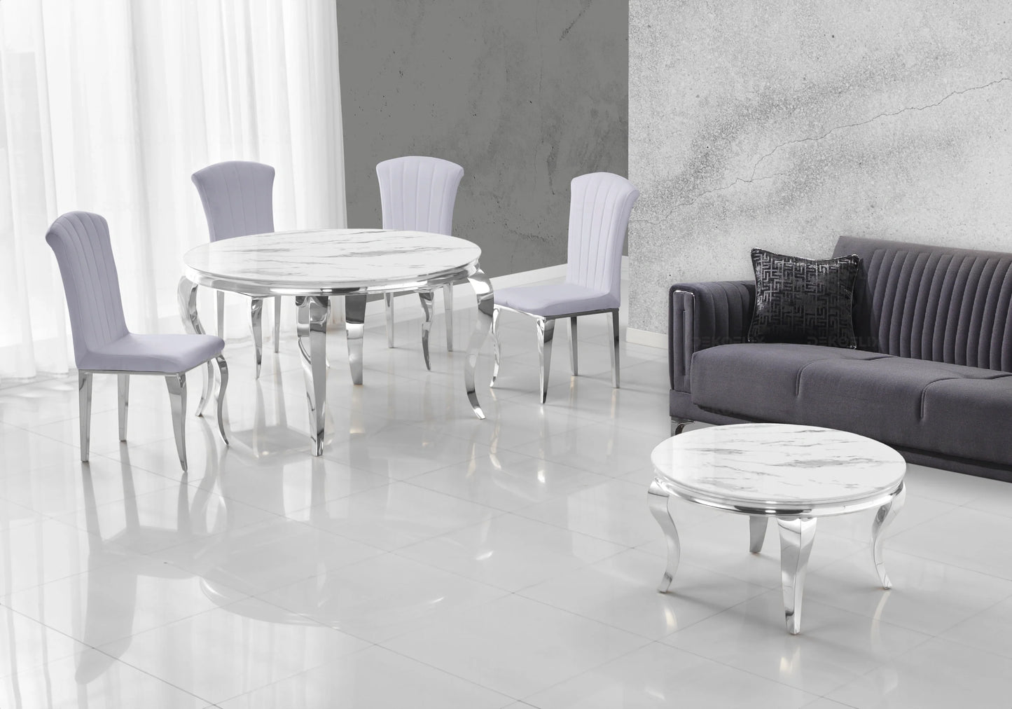 Salle à manger ronde marbre blanc argent – Galerie du Mobilier