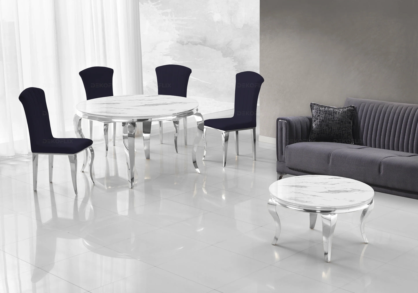 Salle à manger ronde marbre blanc argent – Galerie du Mobilier
