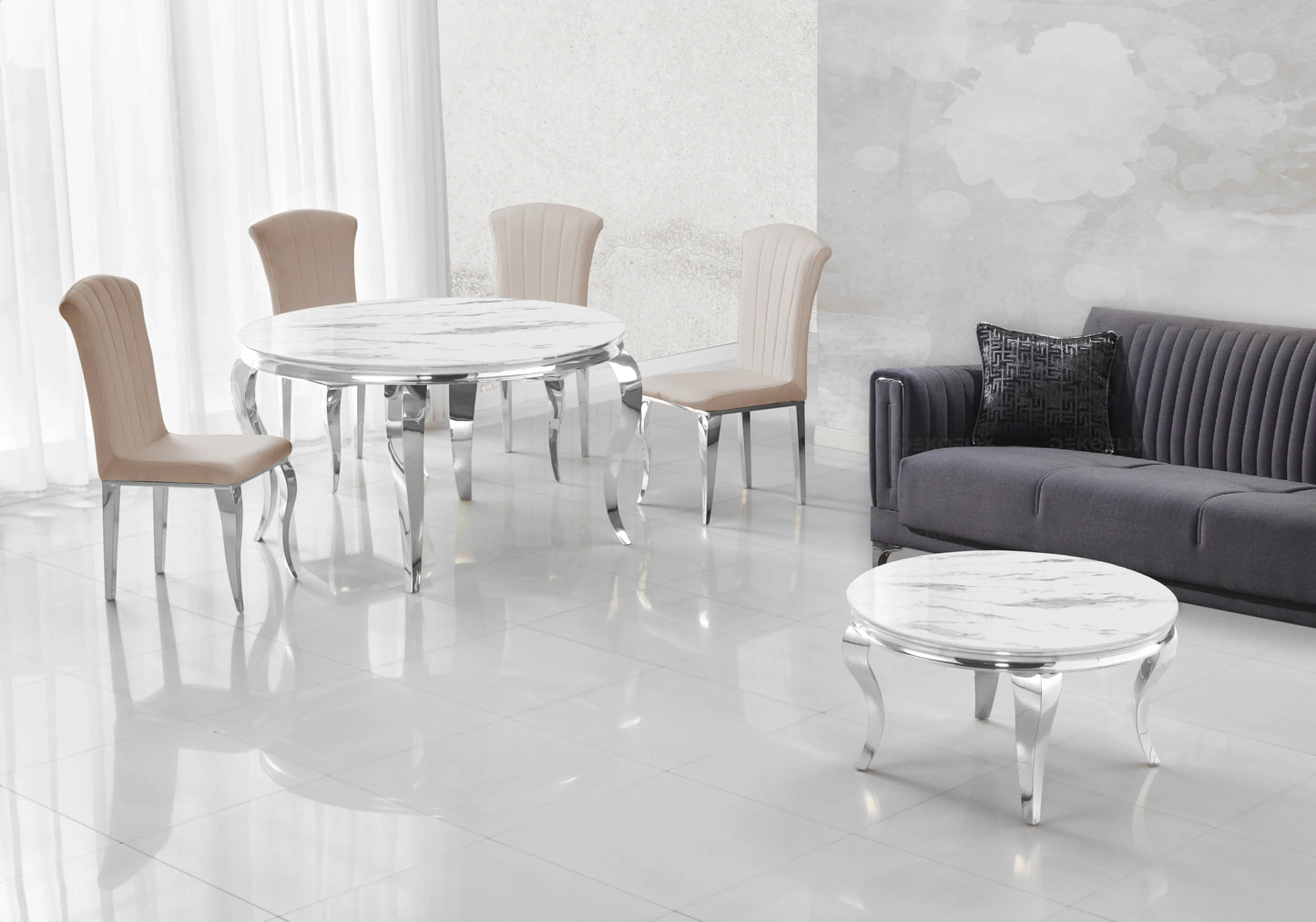 Salle à manger ronde marbre blanc argent – Galerie du Mobilier