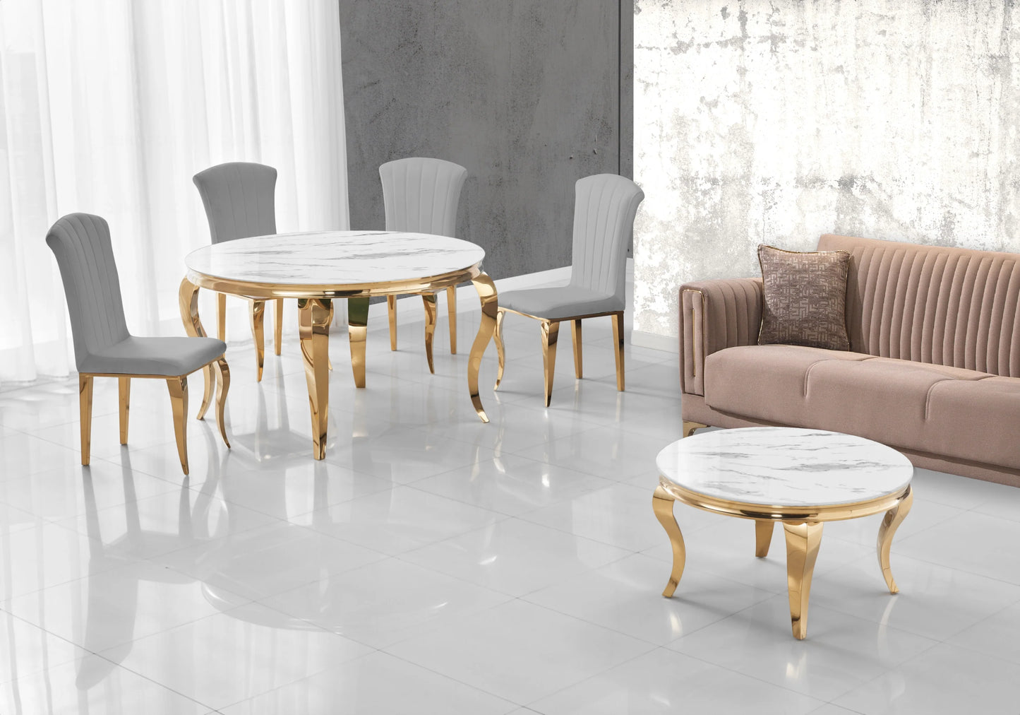 Ensemble salle à manger ronde marbre blanc et or – Galerie du Mobilier